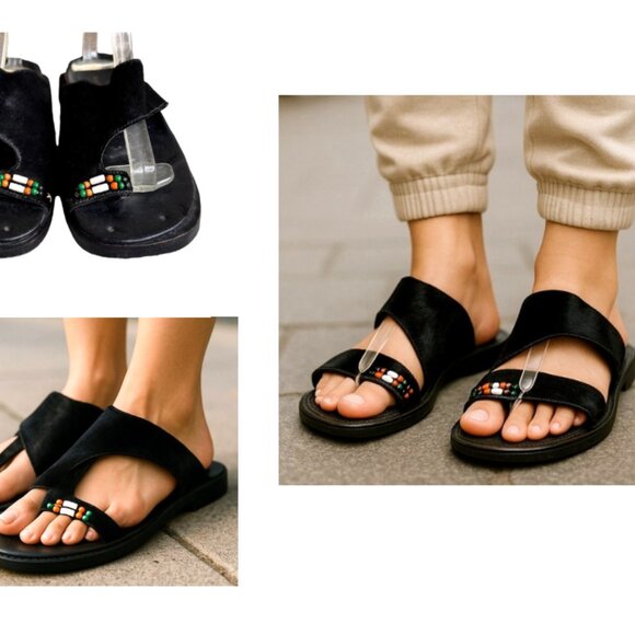 Naked Feet Sandals Flats 8.5 Beaded Toe Loop Black Leather Nubuck Square… - Picture 1 of 13